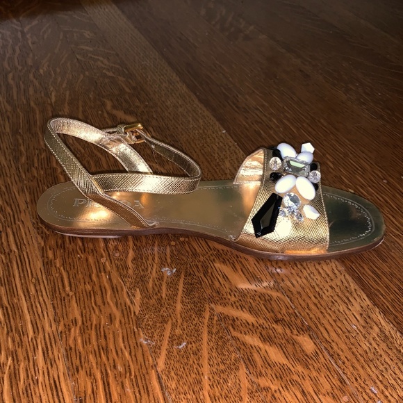 Prada Gold Leather Crystal Embellished Sandals - Picture 7 of 14